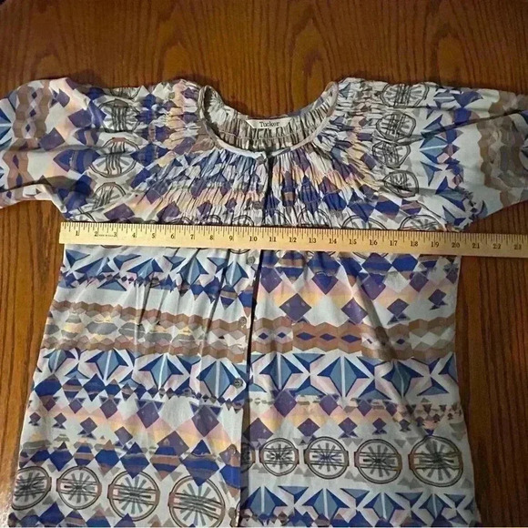 Tucker Size M Silk Multicolor Geo Print 3/4 Bishop Sleeve Button Up Blouse Top - Picture 10 of 11